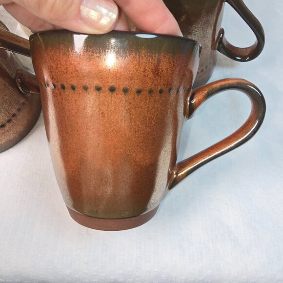 SANGO CYPRUS SIENNA MUG SET Of 4  16 OZ RUSTIC BRONZE GLAZE WITH BEADED EDGE - Picture 5 of 14